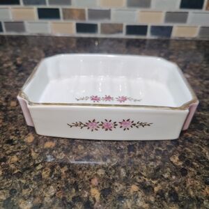Elegant Floral Ceramic Baking Dish with Pink and Gold Accents